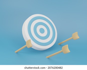 Yellow arrows missed hitting blue target mark on blue background. Multiple failed inaccurate attempts to hit archery target. Concept of business strategy and challenge failure. 3d rendering
