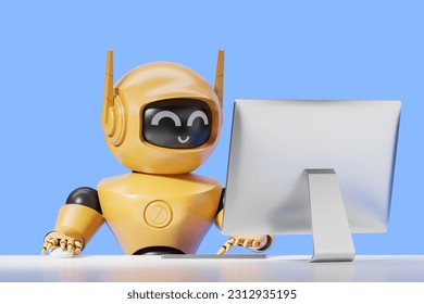 Yellow artificial intelligence robot using computer at office table over blue background. Concept of robot at workplace and machine learning. 3d rendering