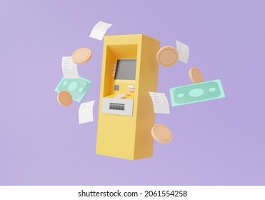 Yellow atm automatic deposit machine floating on purple background transaction internet banking. Money transfer concept. cartoon minimal. 3d render illustration