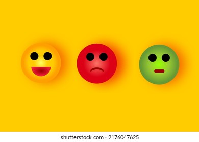 Yellow Background And Yellow Smiling Face, Green Normal, Red Agree. Cartoon On The Background. A Popular Symbol For The Internet Expressing Feelings.