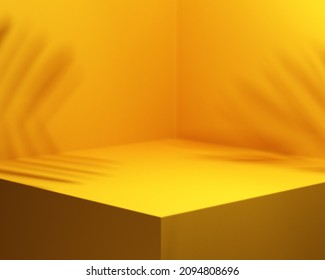 Yellow background studio interior room with tropical palm shadow. Minimalist summer product stage platform mock up. 3d render of square empty space with plant shade for product placement.