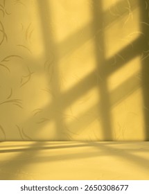 Yellow background wall gradient orange color studio room solid podium with shadow leaf on floor, backdrop summer tropical autumn season, stage template platform for presentation product promotion