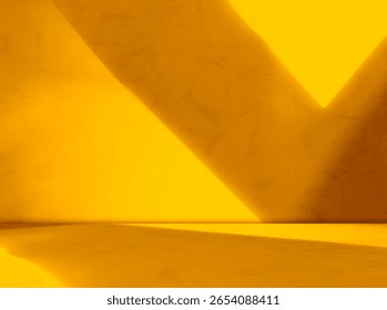 Yellow background wall gradient orange color studio room solid podium with shadow leaf on floor, backdrop summer tropical autumn season, stage template platform for presentation product promotion
