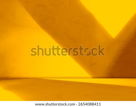 Yellow background wall gradient orange color studio room solid podium with shadow leaf on floor, backdrop summer tropical autumn season, stage template platform for presentation product promotion
