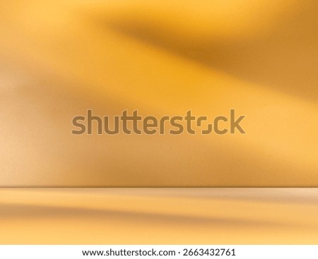 Yellow background wall gradient orange color studio room solid podium with shadow leaf on floor, backdrop summer tropical autumn season, stage template platform for presentation product promotion