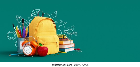 Yellow backpack with alarm clock and school equipment. Back to school concept on green background 3D Rendering, 3D Illustration - Powered by Shutterstock