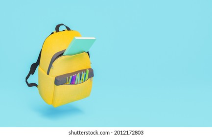 Yellow Backpack Floating In The Air With Books And Pencils Coming Out Of It. Concept Of Education And Back To School. 3d Render