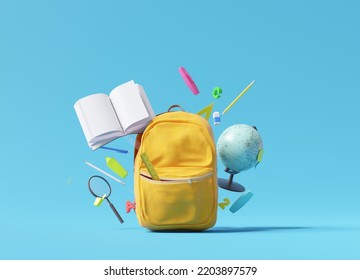 Yellow backpack with school supplies on blue background. Education concept. 3d rendering - Powered by Shutterstock