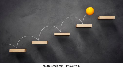 Yellow ball jumping stairway with dark gray wall upwards - 3D illustration