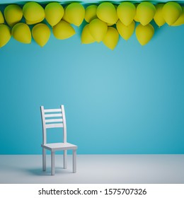 yellow balloons floating in front of a light blue wall, a white chair standing still. 3D rendering