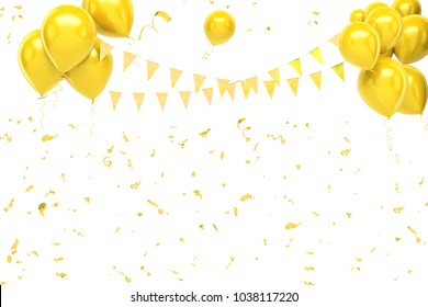 Yellow Baloons With Gold Flags And Confetti On The Upsteirs Isolated On White Background. 3D Illustration Of Celebration, Party Baloons