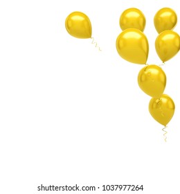 Yellow Baloons On Top Right Corner Isolated On White Background. 3D Illustration Of Celebration Baloons