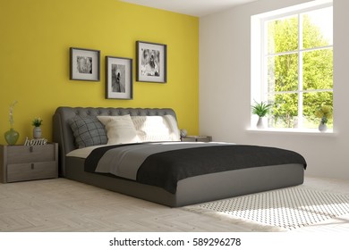 Yellow bedroom with green landscape in window. Scandinavian interior design. 3D illustration