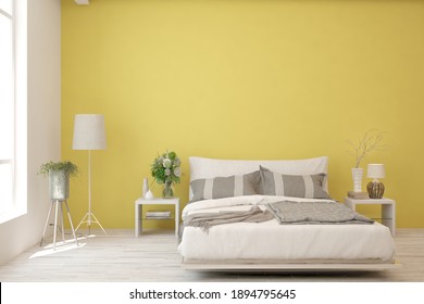 Yellow Bedroom Interior. Scandinavian Design. 3D Illustration