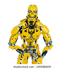 yellow bee android is angry and doing a gym pose, 3d illustration