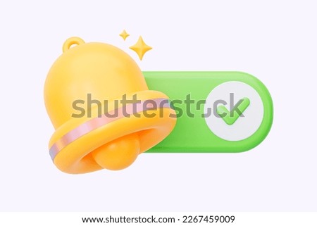 Yellow bell with activating the button Inclusions.  3d rendering illustration.  Notification concept. 
