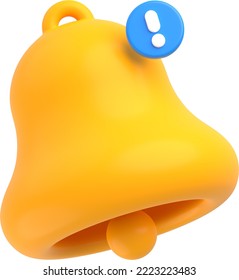 Yellow bell with exclamation point. Alert icon, sign of notice, reminder of new message or call on mobile phone, attention symbol in app or web interface, 3d render illustration. 3D Illustration