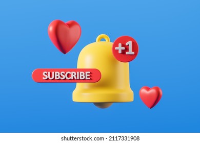 Yellow bell subscription notification on blue background. Subscribers, likes, subscriptions to the channel. 3d rendering - Powered by Shutterstock