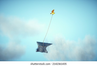 Yellow Bird Carries An Anvil. Successful Mindset And Confidence Concept.  This Is A 3d Render Illustration