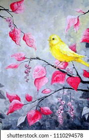 Yellow Bird, Tree, Oil Paintings Landscape, Fine Art.