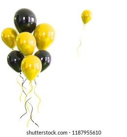 Yellow And Black Baloons With Yellow Ribbons On Left Sight Isolated On White Background. 3D Illustration Of Celebration, Party Baloons