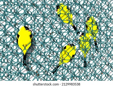 Yellow and black birds resembling goldfinches are seen behind a mesh of wire of a cage while one bird is outside the mesh and free to fly away in this 3-d illustration.