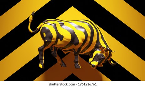 Yellow Black Bull Strong Muscular with Yellow an Black Chevron Background 3d illustration render