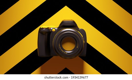 Yellow Black DLSR Camera with Yellow an Black Chevron Background 3d illustration render