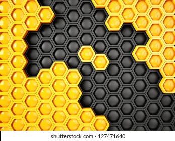 Yellow And Black  Honeycomb Background. 3d Image