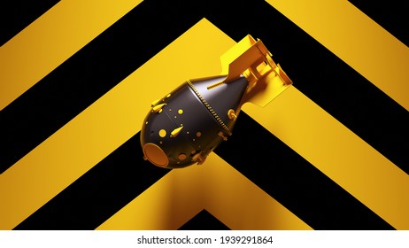 Yellow Black Large Atomic Bomb Thermonuclear Weapon Post-Punk with Yellow an Black Chevron Background 3d illustration render