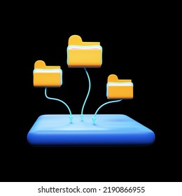 Yellow And Blue Archive Folder 3D Rendering Against Black Background.