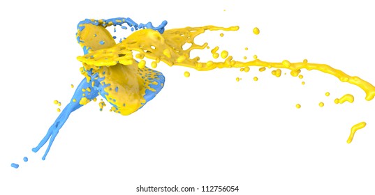 Yellow And Blue Color Splashes Collide - Isolated On White