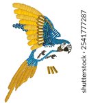 Yellow and blue macaw embroidery digital rendering of beaded embroidery tropical bird with glass beads sequins