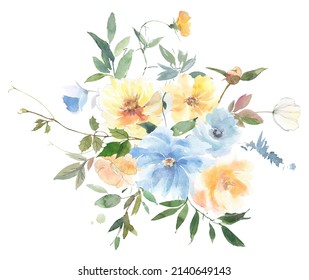 Yellow Blue Watercolour Flower Clipart Floral Arrangement with Peonies Roses Leaves