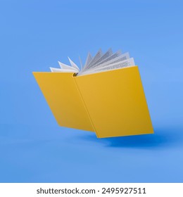 A yellow book with pages flying open, suspended in mid-air against a light blue background. Concept of imagination and learning. 3d rendering - Powered by Shutterstock