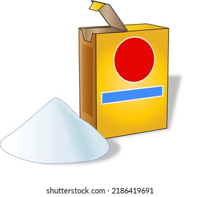 Yellow Box Of Baking Soda With A Pile Of Soda Powder In Front