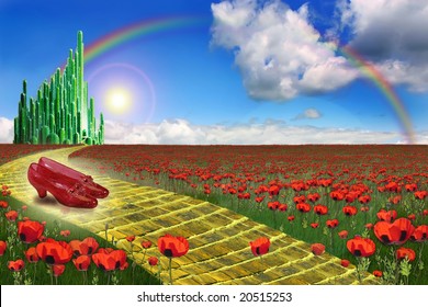 Yellow brick road leading to the Emerald City in the land of Oz with a pair of ruby slippers in the foreground.