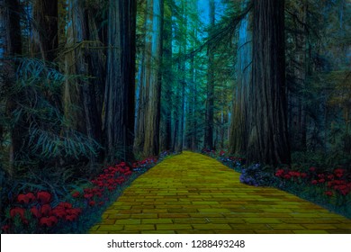 The yellow brick road through a dark and spooky forest