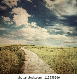 Yellow Brick Road Through Fields, Old Fantasy Grungy Illustration