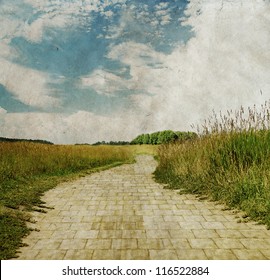 Yellow Brick Road Through Green Meadows, Old Fantasy Grungy Illustration