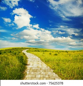 Yellow Brick Road Through Green Meadows, Fantasy Background