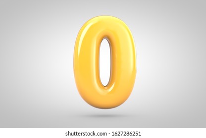 Yellow Bubble Gum number 0 isolated on white background. 3D rendered illustration. Best for anniversary, birthday party, new year celebration.