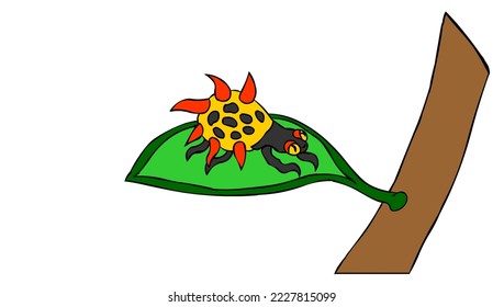 A yellow bug and black dots   orange spikes the green leaf