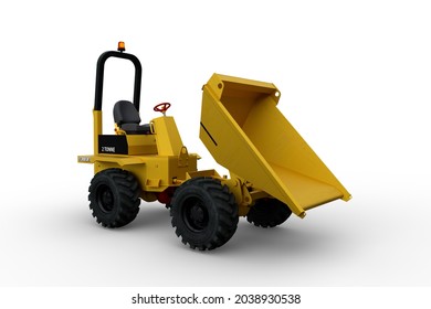Yellow building site dumper truck with bucket tipped up. 3D illustration isolated on a white background.