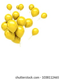 Yellow Bundle Of Baloons On The Top Left Corner Isolated On White Background. 3D Illustration Of Celebration, Party Baloons