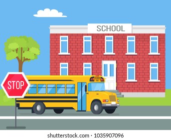 Yellow Bus Used For Transporting Students Standing On Left Side Of Road Between Stop Traffic Sign And Two Storey Brick School Cartoon Style Illustration