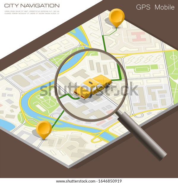 Yellow cab search isometric. Online\
navigation magnifier order taxi service. Isometry car search\
isometric route banner. 3D taxi classic vehicle itinerary road. Get\
a taxi online phone\
application