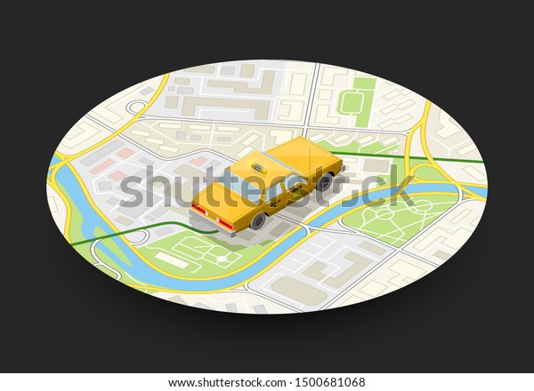 Yellow cab taxi 24/7 service isometric billboard
banner. Online navigation application order classic taxi service.
Isometry 3D app car on road. Vehicle itinerary route banner. Get a
taxi cab online