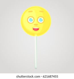 Yellow candy is an emotional icon  voluminous and face  stick  Round caramel  Happy candy  Sweet food  Cartoon style  Object isolated gradient background 
