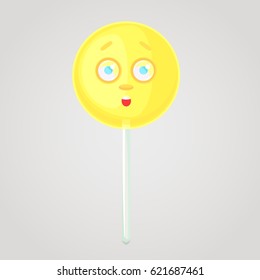 Yellow candy is an emotional icon  voluminous and face  stick  Round caramel  Scared  fear in the eyes  afraid  Sweet food  Cartoon style  Object isolated gradient background 
